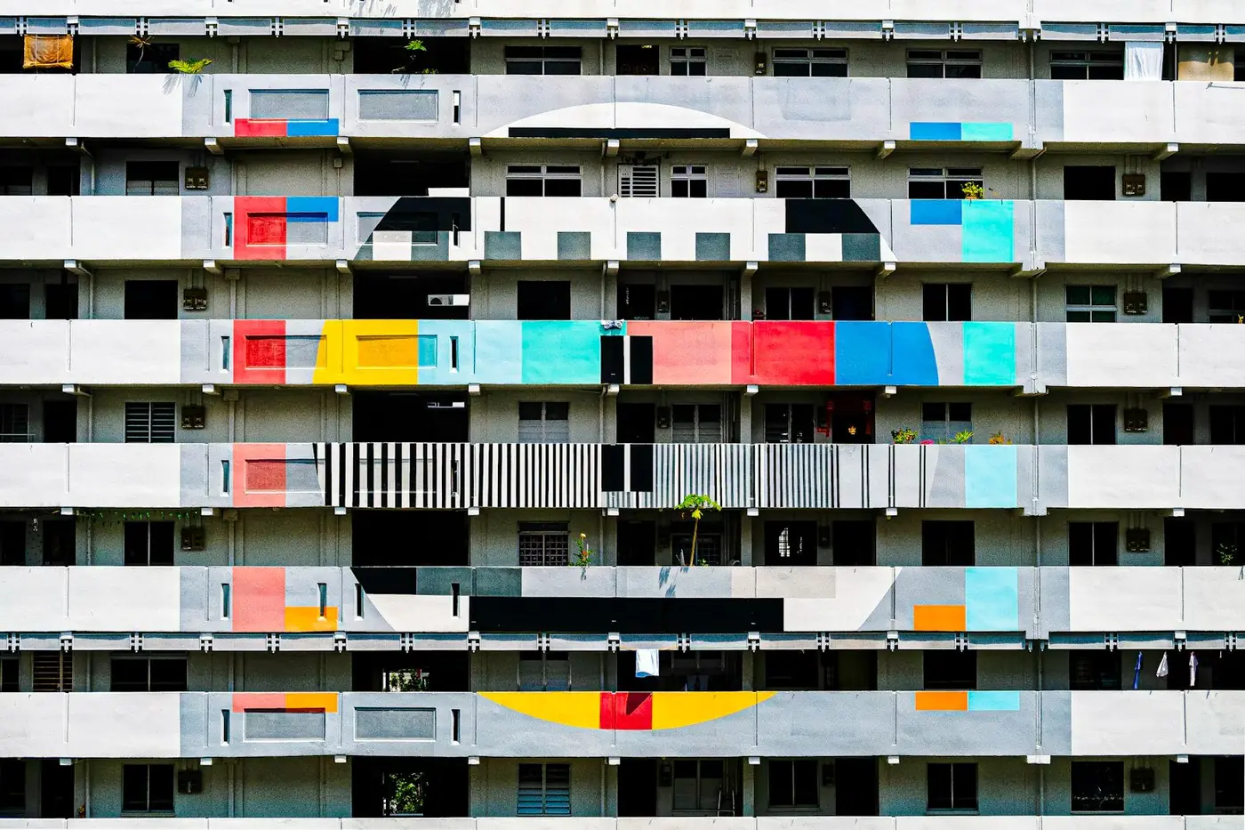 Colourful HDB blocks in Tampines in daylight